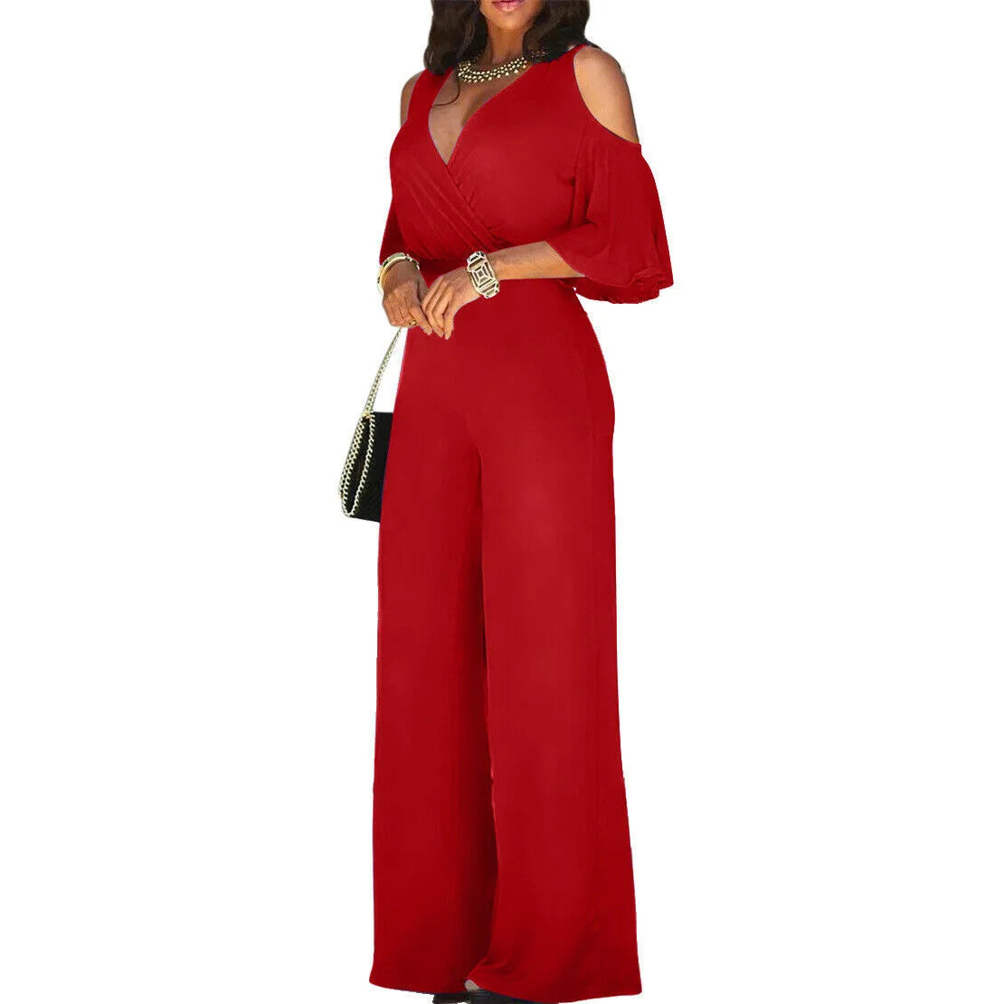 2023 Spring And Autumn Women Jumpsuit Hollowed Out Strapless Solid Color Women Jumpsuit V-neck High Waist Belt Wide-leg Pant