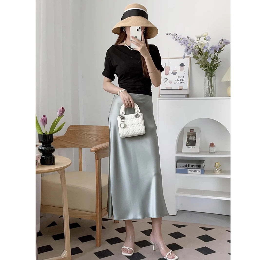 Ele Satin Acetate ter Dr Women's Smooth Glossy Tee-Vein Neline Strapl Midi Skirt Four Colors Available