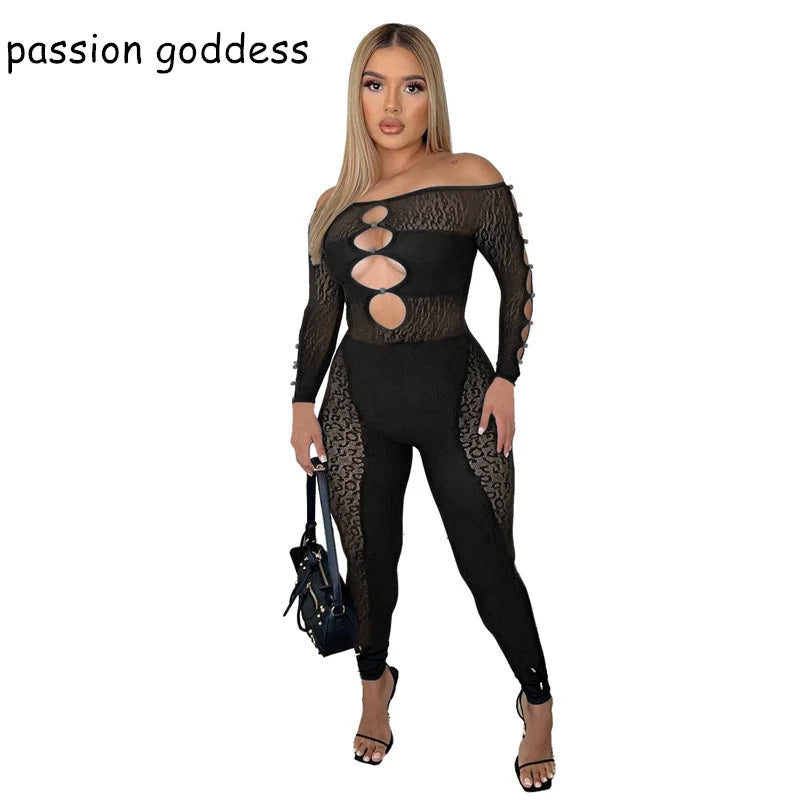 New 2022 Summer Slash Neck Off The Shoulder Hollow Out Skinny Jumpsuits Women Leopard Mesh Pearl Button Sexy Party Club Jumpsuit