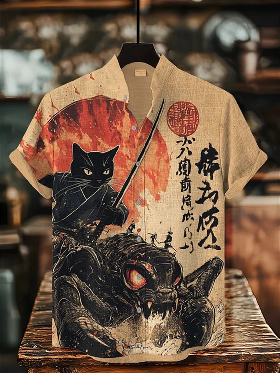 Men's Cat Print Short-Sleeve Shirt, Stand Collar Retro Casual Top, Breathable Slim Fit Shirt, Outdoor Casual Hawaiian Shirt