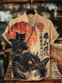 Men's Cat Print Short-Sleeve Shirt, Stand Collar Retro Casual Top, Breathable Slim Fit Shirt, Outdoor Casual Hawaiian Shirt