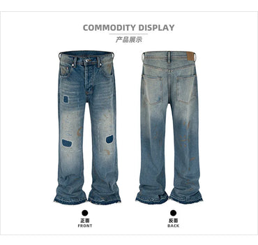 MIJKO Washed Frayed Vintage Jeans Pants Mens Straight Retro Casual Denim Trousers Cargos FJ069