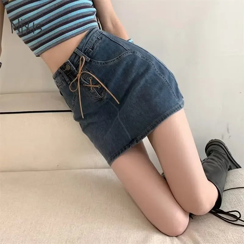 Women Denim Shorts Skirt Harajuku Vintage Elasticity Bandage High Waist Jeans Skirt Fashion Bottoms Streetwear Y2K Clothes