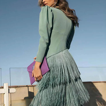 Autumn Long Sleeve Spliced Tassel Party Dresses Woman Elegant Deep V Neck Sheath Long Dress Fashion Solid Pleated Bohemian Dress