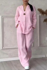 Women's Cotton and Linen Pants Suit Casual Solid Pullover Pants 2-piece Set White Pink Simple Wide Leg Pants Two Piece Set Suits