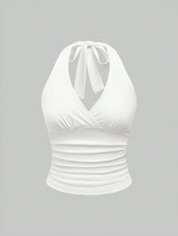 Solid V-neck Backless Halter Crop Top for Women Summer Sexy Y2K Sleeveless Ruched Top Streetwear