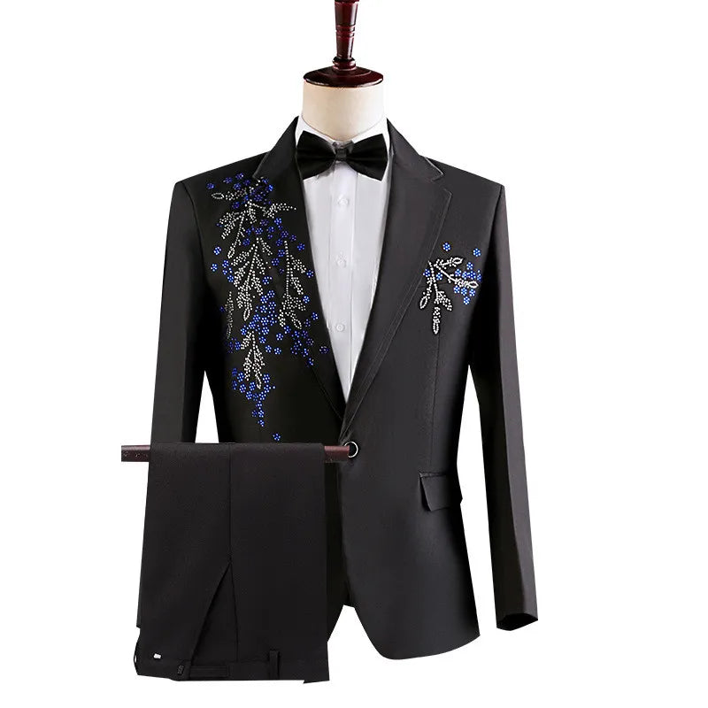 Fashion Men Spliced Suits Black / White Singer Host Stage Performance Luxurious Dress Blazers Jacket and Pants