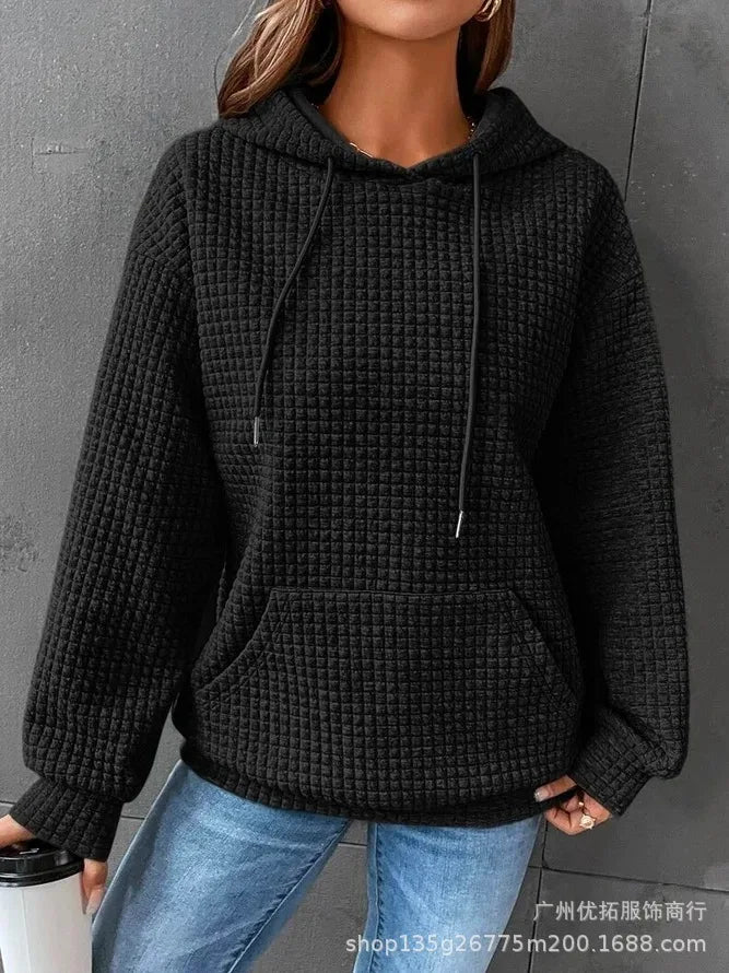 Autumn 2023 Solid Casual Loose Fitting Hooded Long Sleeved Patchwork Waffle Sweater for Women