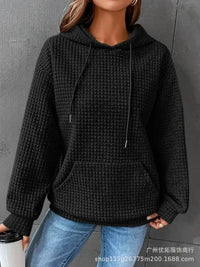Autumn 2023 Solid Casual Loose Fitting Hooded Long Sleeved Patchwork Waffle Sweater for Women