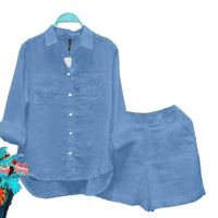 2025 Women Shirt Shorts Set Loose Irregular Hem Lapel Long Sleeves Shirt Top Elastic Waist Wide Leg Shorts Female Summer Outfit