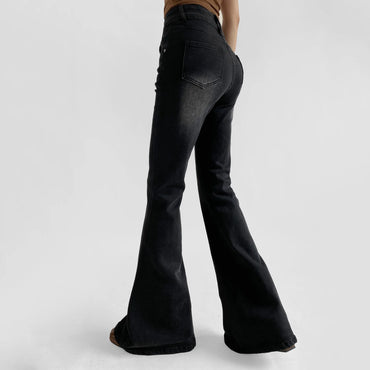 High-Waist Flared Bell-Bottom Jeans for Women — Retro Slim Fit Stretch Denim with Side Button Accent