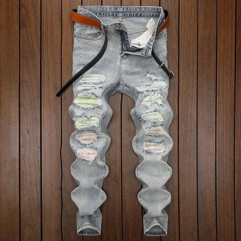 Spring and Autumn New Fashion Trend Sports Ripped Stretch Straight Leg Jeans Men's Casual Slim Breathable High-Quality Jeans