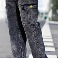 Korean Casual Comfortable Loose Fitting Jeans For Men Large Pocket Jeans Seasons Straight Leg Pants Work Pants