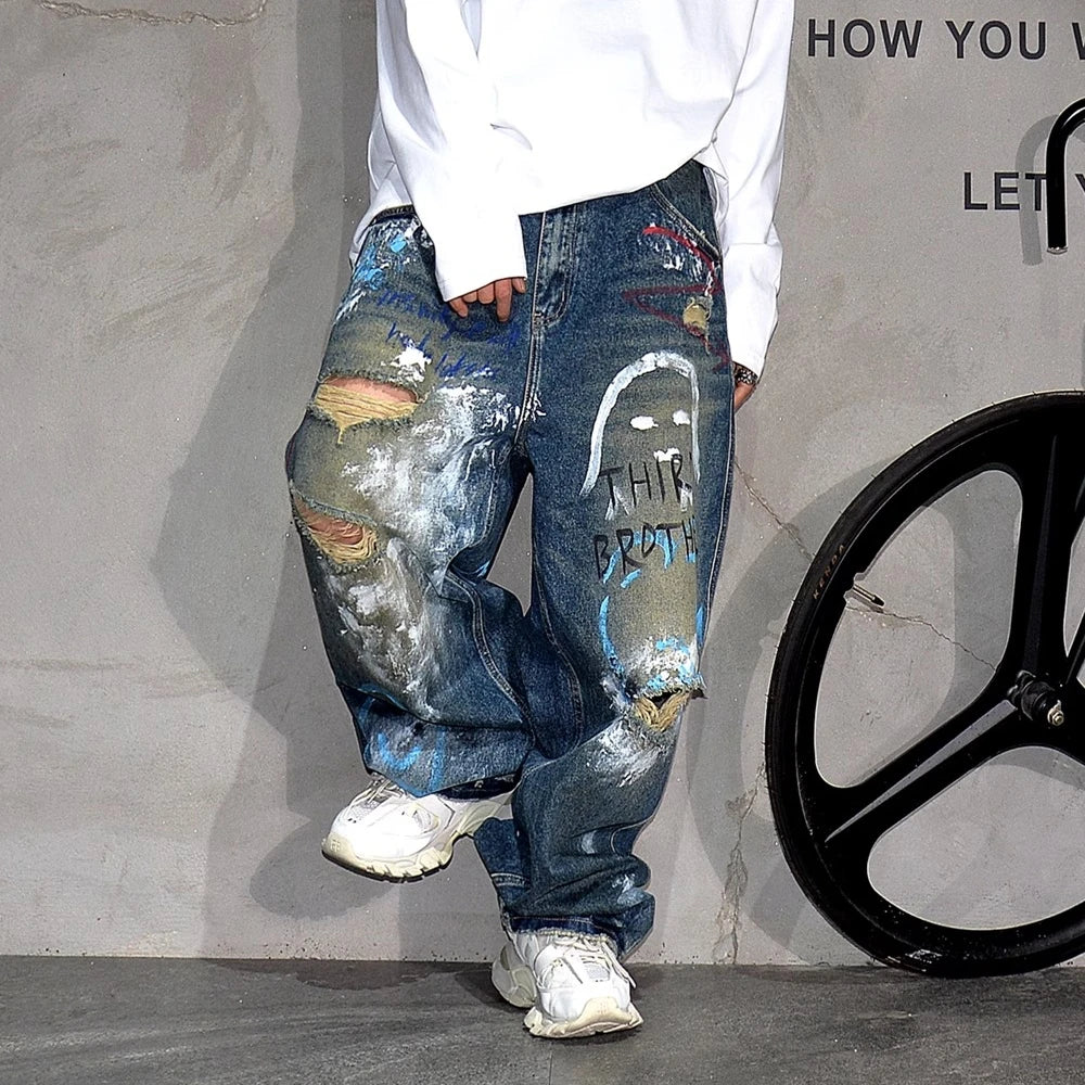 High End Men'S Clothing Hip Hop Graffiti Baggy Jeans For Men Streetwear Skateboard Ripped Jeans Korean Trendy Denim Trousers
