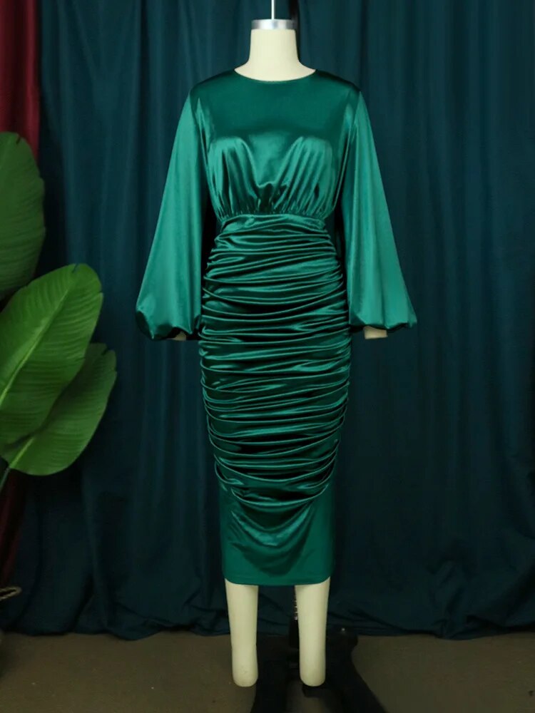 Long Sleeve Green Dresses Bodycon Elastic Satin Smocked Midi Dress Elegant Big Size Shiny Evening Christmas Party Church Outfits