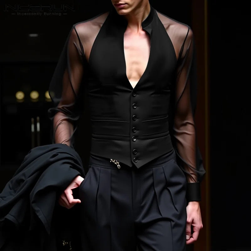 INCERUN Men Shirt Mesh Patchwork V Neck Long Sleeve Transparent Sexy Casual Male Shirts Streetwear Fashion Party Camisas 2025