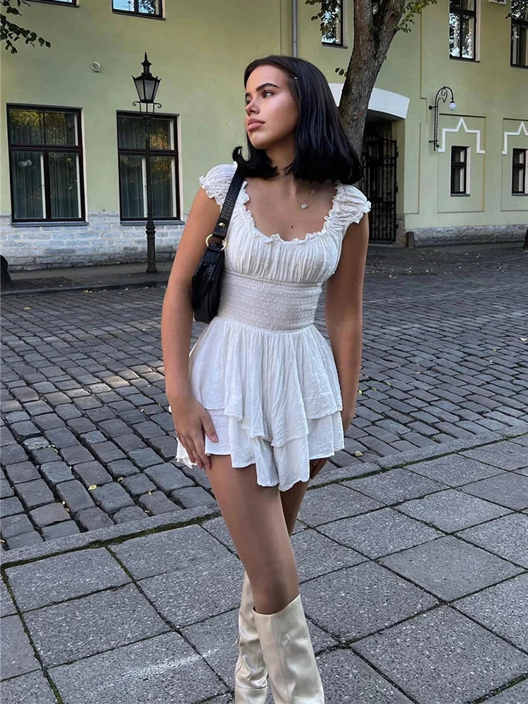 2023 Summer Cotton and Linen Dress Short Sleeve Dress Fashion Slim Ruffle Mini Dress Womens Sexy White Strapless Dress