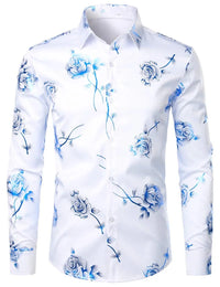 Mens Gold Rose Floral Print Shirts Brand Floral Steampunk Chemise White Long Sleeve Wedding Party Bronzing Camisa Masculina New