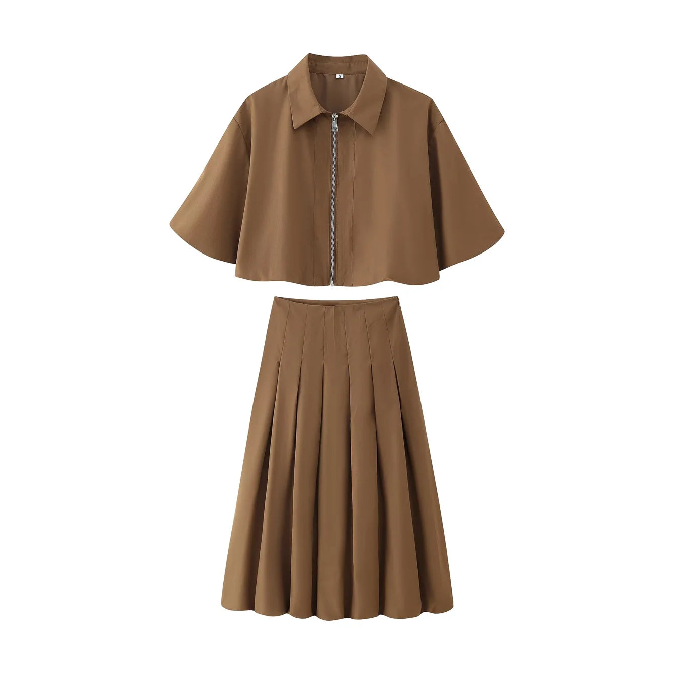 Women's Autumn New Short Zipper Jacket Short Sleeved Top High Waisted Pleated Lantern Flower Bud Half Skirt Set