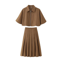 Women's Autumn New Short Zipper Jacket Short Sleeved Top High Waisted Pleated Lantern Flower Bud Half Skirt Set