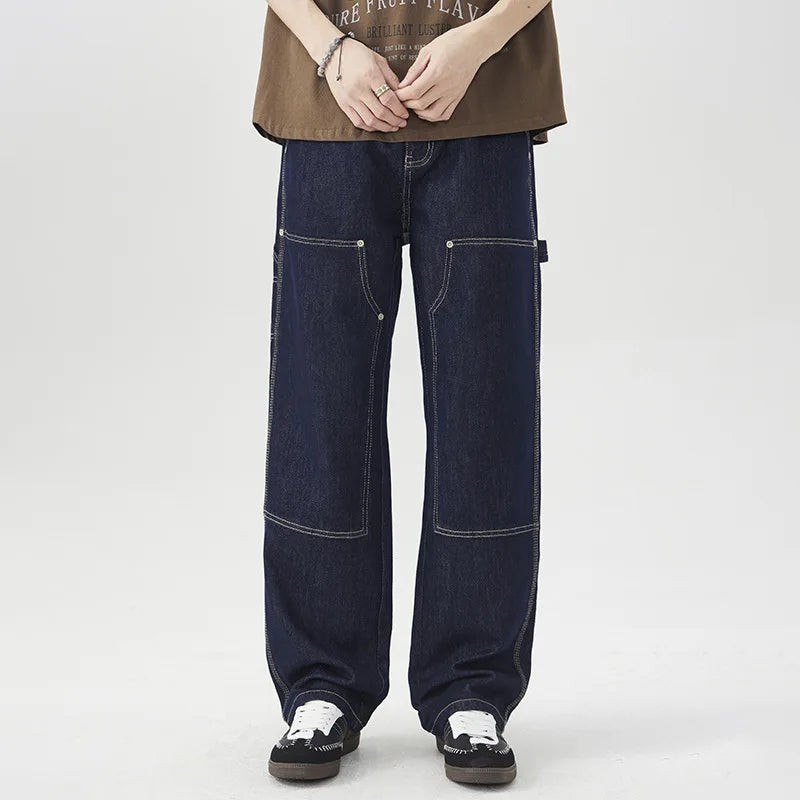 Workwear Japanese Pants Fashion Vintage Jeans for Men High Street Patchwork Cargo Trousers Denim Straight-leg Baggy Casual Jean