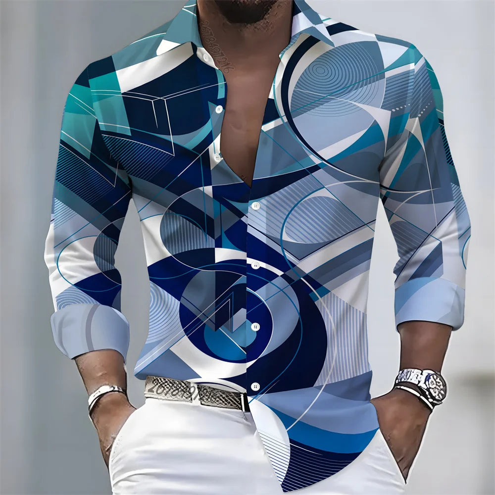 2026 Spring/Autumn New Men's Light Luxury Baroque Style Long-Sleeved Shirt with Color-Blocked Geometric Print Lapel Cardigan