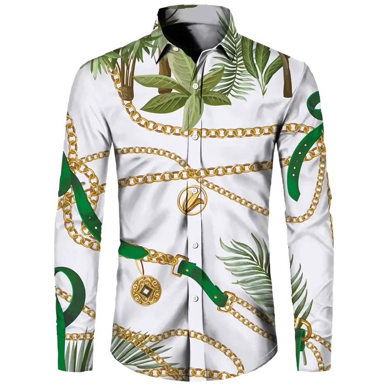 Fashion Luxury Golden Flower Print Men's Shirts Baroque Style Short/Long Sleeve Lapel Button Up Tops Social Hawai Party Cardigan