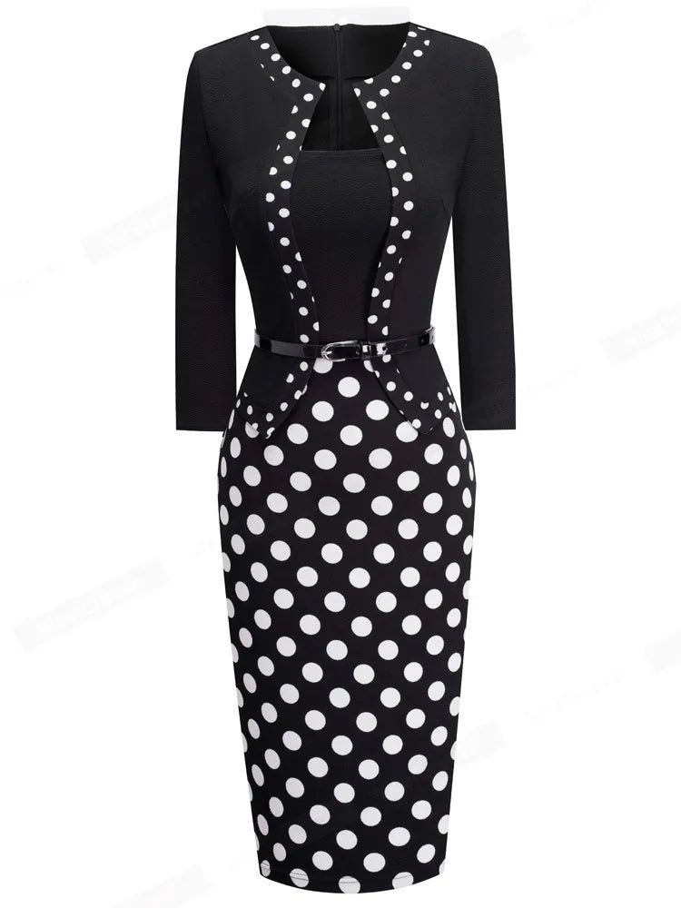 Nice-Forever One-Piece Faux Jacket Retro Contrast Polka Wear to Work Business Vestidos Office Bodycon Women Sheath Dress B407