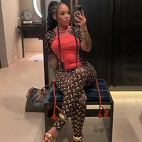 STYLISH LADY Letter Moon Printed Fitness 2 Piece Set Women Short Sleeve Crop Top and Skinny Pant Suits 2025 Summer Sports Outfit