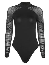 Shestyle Mesh Full Sleeve Mock Neck Body for Women Black Patchwork Stretchy Elegant Romantic Breathable Bodysuits Basic Tops