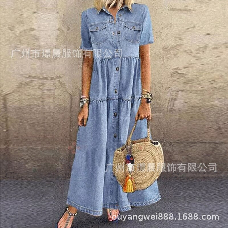 2023 Summer New Spliced Long Dress for Women Casual Solid Color Large Swing Denim Dress