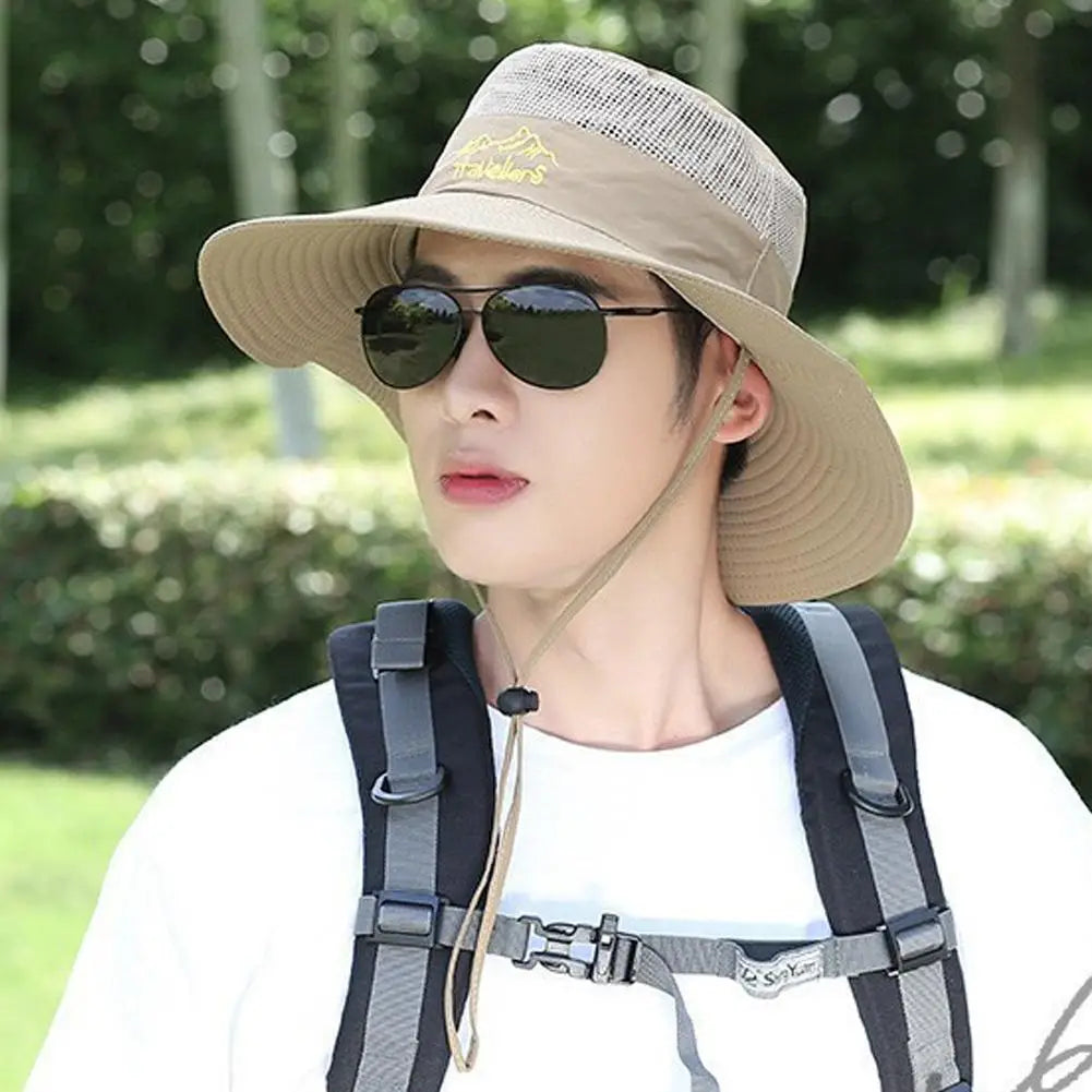 UPF 50+ Wide Brim Sun Hat Fishing Hat Men Women Breathable Hiking Cap UV Protection Foldable Adjustable Strap Cotton Linen
