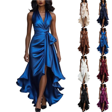 Women Fashion Solid Color V Neck Sleeveless Irregular Hem Midi Dress Party Cocktail Elegant Dress for Night Out