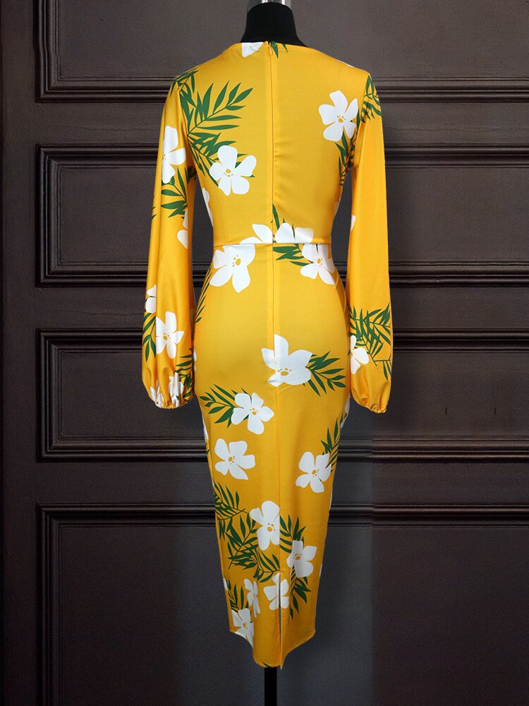 SEXY Yellow Printed Dress V Neck White Flower Long Lantern Sleeve