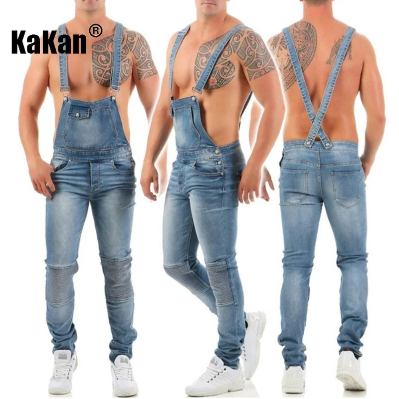 Kakan - New European and American Men's Suspender Jeans, Blue Black Torn Color Matching Jumpsuit Long Jeans K34-992