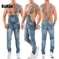 Kakan - New European and American Men's Suspender Jeans, Blue Black Torn Color Matching Jumpsuit Long Jeans K34-992