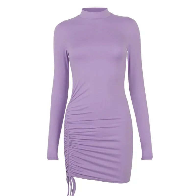 2024 Autumn New Women's Dress Solid Color Polo/Turtle Neck Long Sleeve Ruched Drawstring Ultra Short Dress From Europe And Ameri