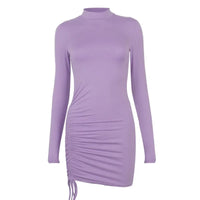 2024 Autumn New Women's Dress Solid Color Polo/Turtle Neck Long Sleeve Ruched Drawstring Ultra Short Dress From Europe And Ameri