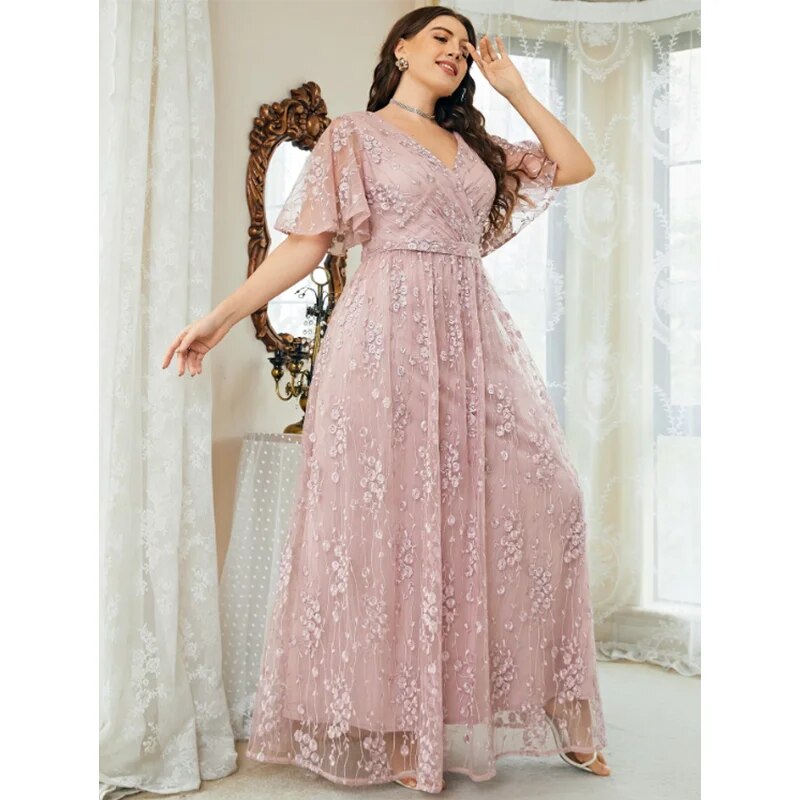 2023 Plus Size V Neck Embroidered Pink Loose Dress 5XL6XLMaxi Loose Elegant Party Party Chiffon Lace Dress