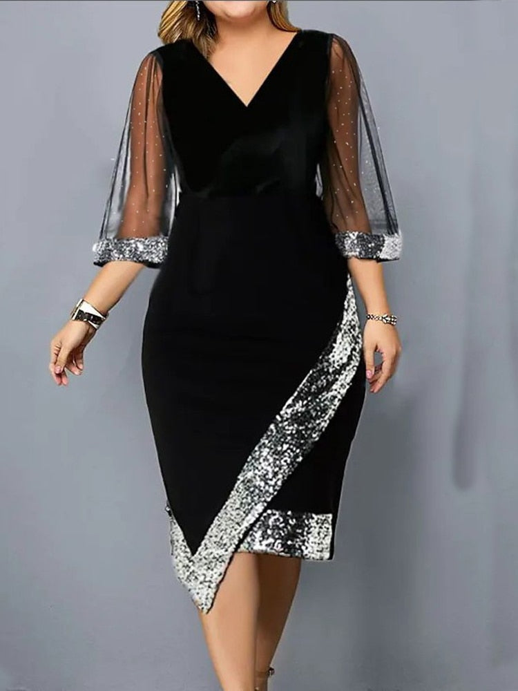 Women's Dress Sequin Mesh Long Sleeve Asymmetrical Hem Formal Occasion Dress Elegant Slim Fit V-Neck Luxury Summer Skinny 2023