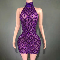 Sparkly Rhinestones Short Dress for Women Sexy Mesh Transparent Celebrate Evening Prom Event Birthday Dress Photo Shoot Wear