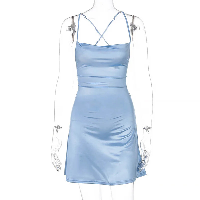 SKMY 2025 Summer New Sexy Spaghetti Strap Open Back Solid Bodycon Dress High-End Club Party Women's Versatile Outfit