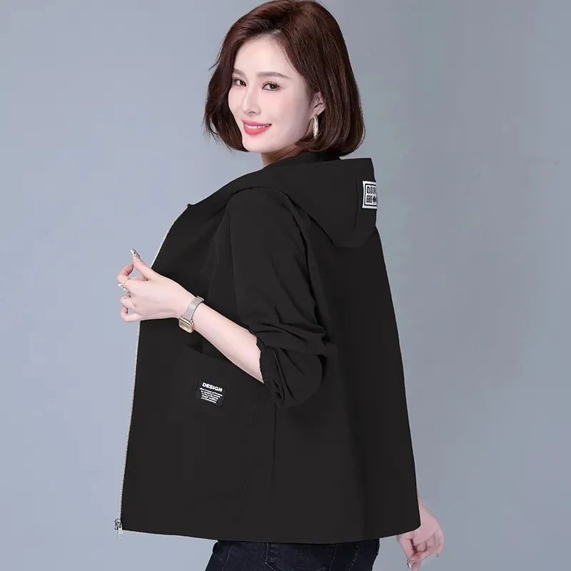 Women Jackets Hooded Summer Sun-proof Zipper Trench Coats Loose Windbreaker Solid Color Outerwear Breathable Lightweight Clothes