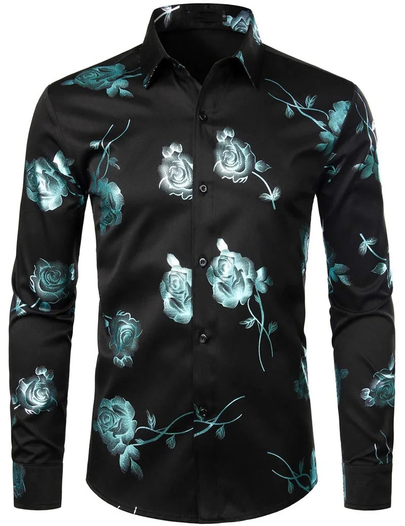 Mens Gold Rose Floral Print Shirts Brand Floral Steampunk Chemise White Long Sleeve Wedding Party Bronzing Camisa Masculina New