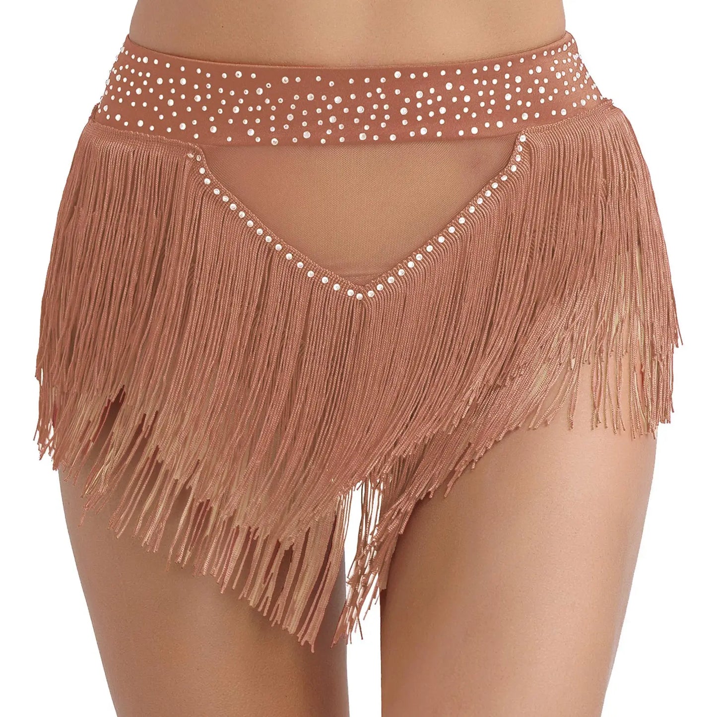 Womens Tassel Belly Dance Shorts Skirts Samba Fringe Latin Rumba Samba Tango Dancewear Shiny Rhinestone See Through Mesh Bottoms
