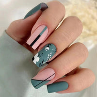 Summer Blue Green Butterfly Nail Art Square False Nails Love Design Fake Nails Fake Fingernails Full Cover Press on Nails 24Pcs