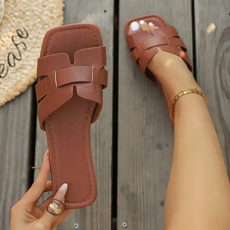 Women Slippers Solid Color Lightweight Sandals Square Toe Slip on Shoes Women Trend Casual Flat Slippers Luxury Slides Women