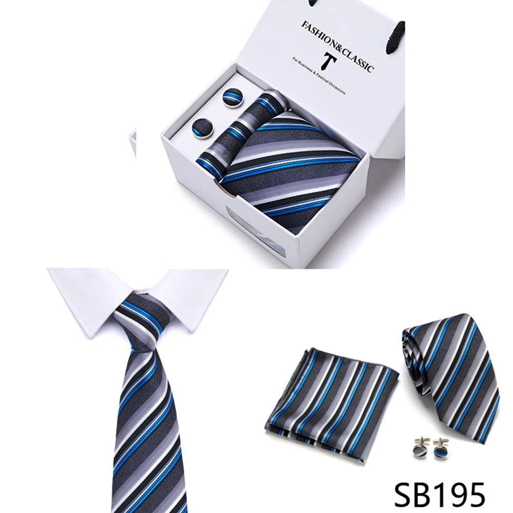 High Quality 7.5 cm Stripe Blue Tie Pocket Square Cufflinks Set For Men Gift Box Wedding Gravatas Fit Workplace