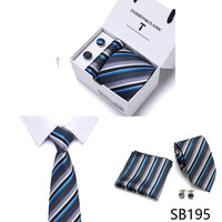 High Quality 7.5 cm Stripe Blue Tie Pocket Square Cufflinks Set For Men Gift Box Wedding Gravatas Fit Workplace