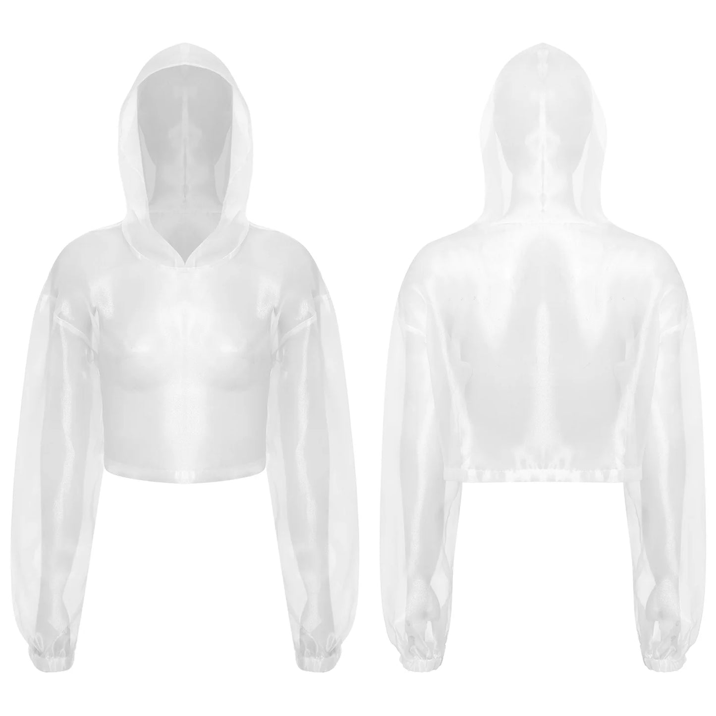 Womens Sparkly Transparent Hooded Top Holographic Long Sleeve Cropped Tee Shirts Festival Rave Outfits Pullover Hoodie Clubwear
